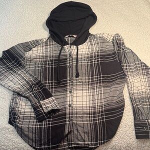 SO Black and White Plaid Button-Up Hooded Shirt